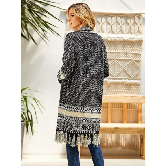 Women Boho Knit Cardigan Small Lightweight Tribal Fringe Long Open Front - Picture 5 of 6
